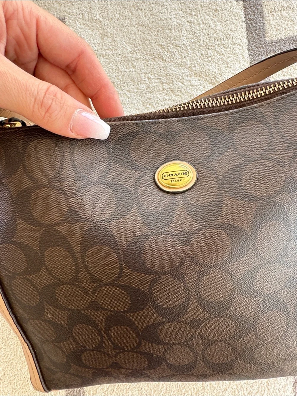 Coach Brown Signature Shoulder Bag with Tan Trim